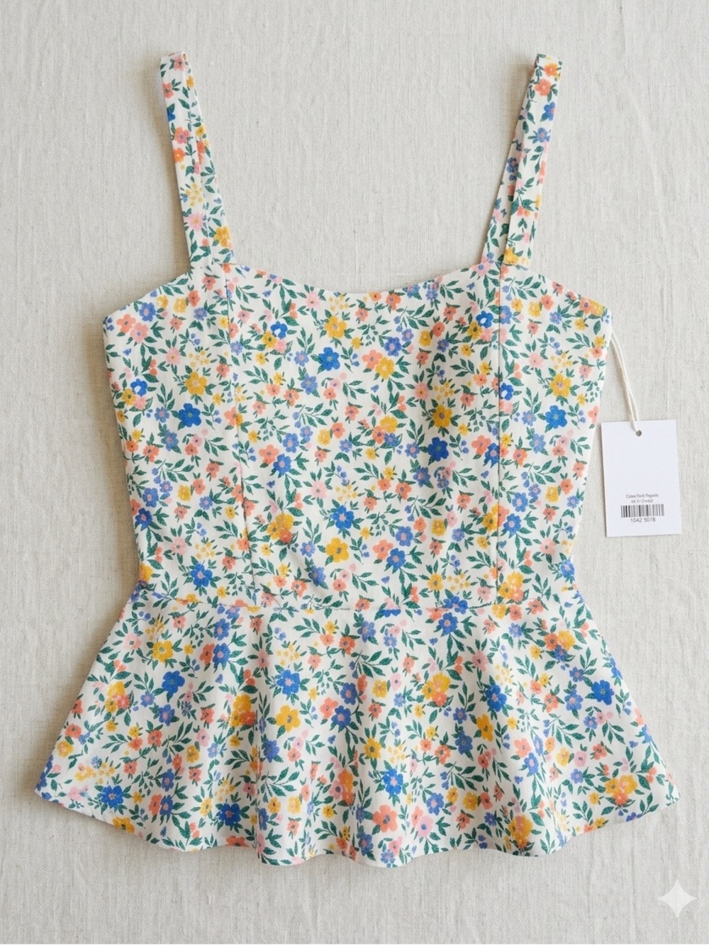 Lime Ricki Floral Peplum Cami Top in White with Blue, Yellow & Pink Flowers
